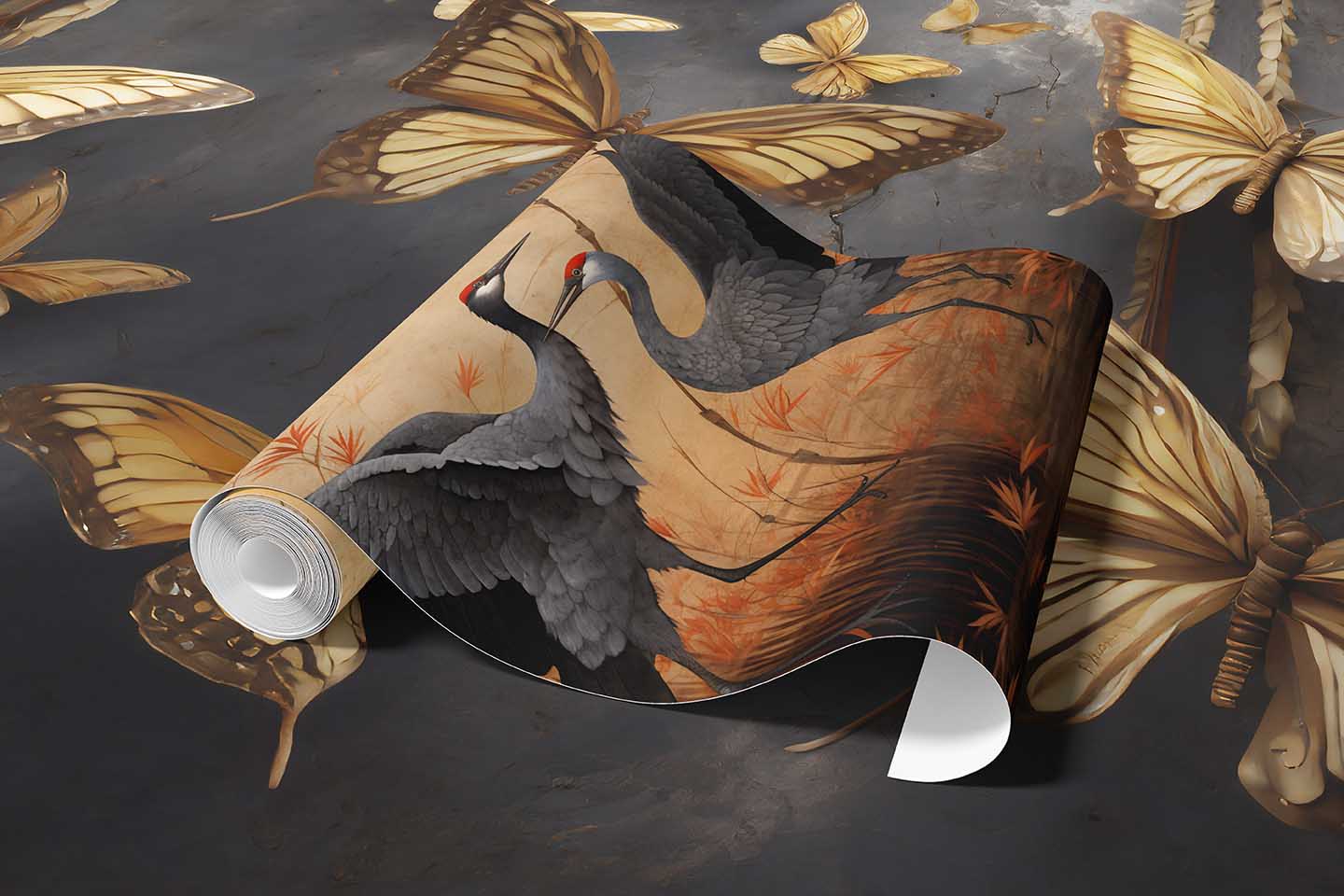 Zwinięta tapeta z orientalnym wzorem przedstawiającym dwa czarne żurawie na tle beżowo-brązowych liści, ułożona na podłożu z motywem dużych złocistych motyli.